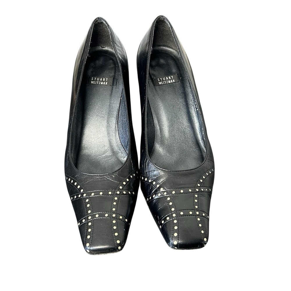 Vintage Stuart Weitzman Black Leather Block Heel Pumps - Square Toe Size 7.5B